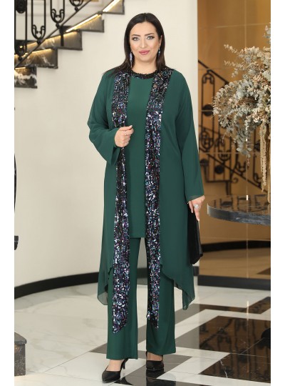 Rengin 3'lü Büyük Beden Tesettür Abiye Takım - Zümrüt